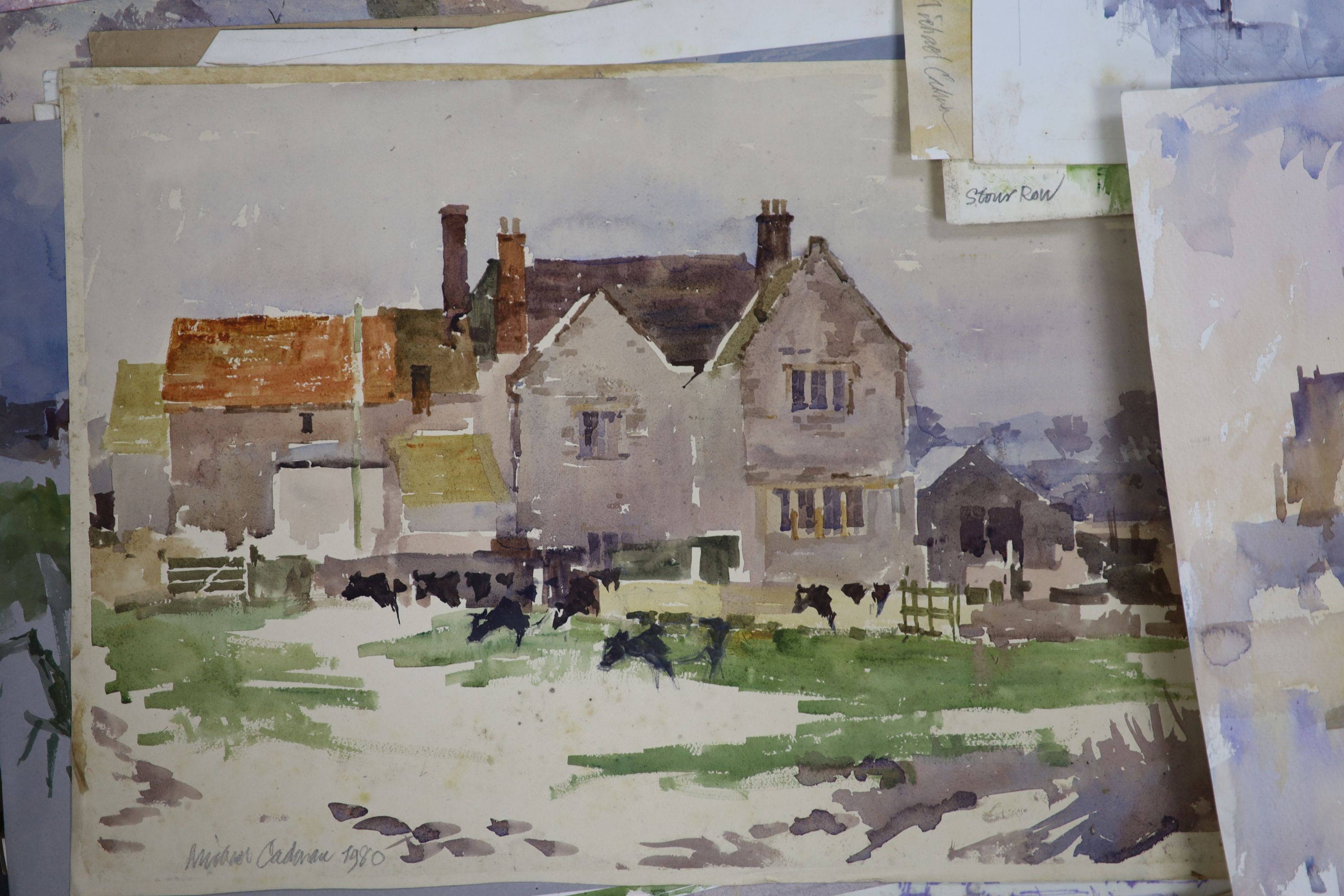 Michael Cadman (1920-2012), folio of watercolours, Buildings and City Scapes, mostly signed, 40 x 57cm approx.